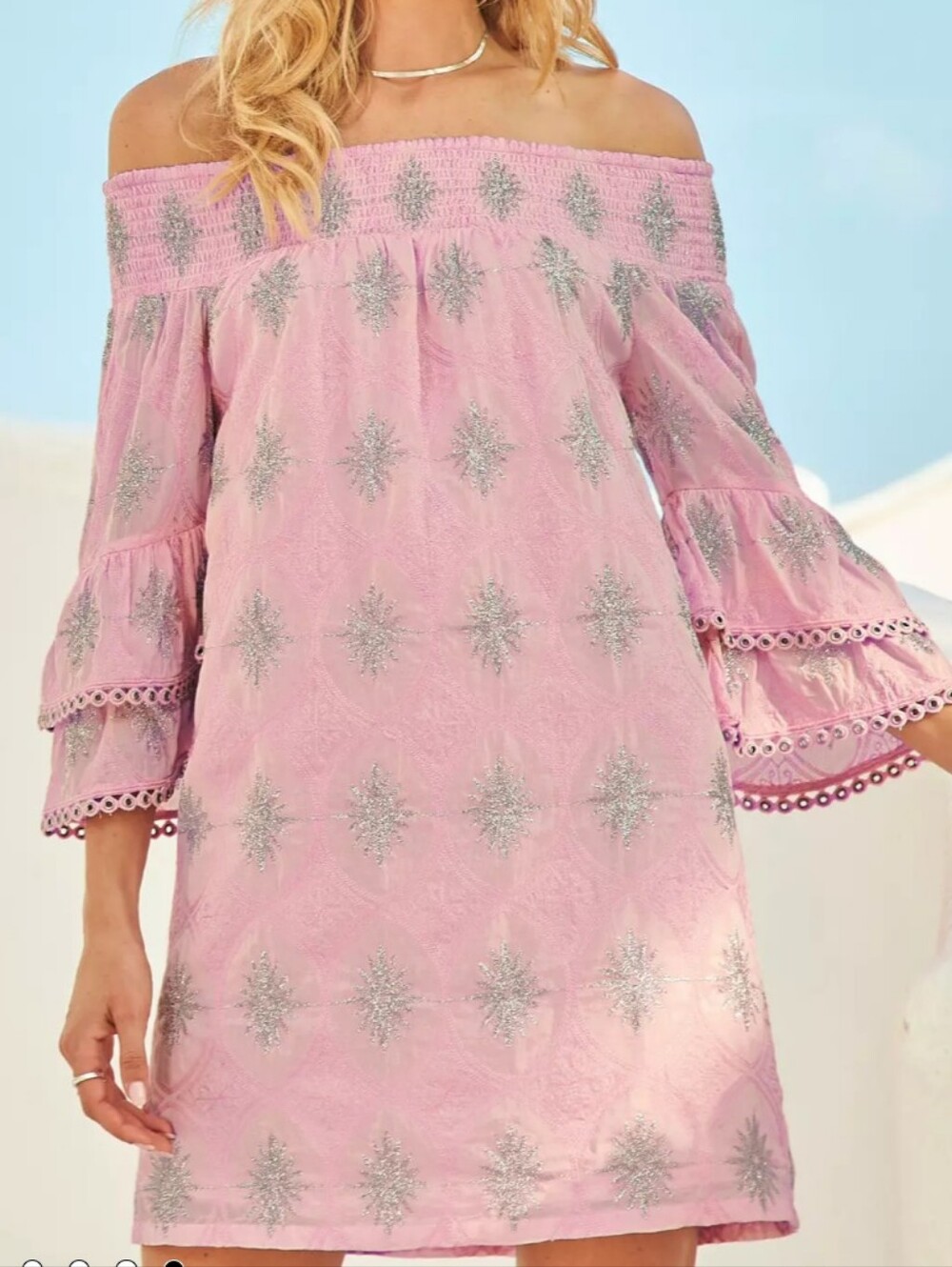 Boston Proper Off-The-Shoulder Dress With Silver Starburst Embroidery